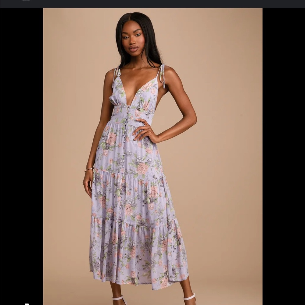 Lulu’s Lavender Floral Print Tie-Strap Midi Dress